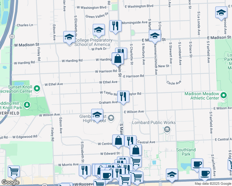 map of restaurants, bars, coffee shops, grocery stores, and more near 16 West Taylor Road in Lombard