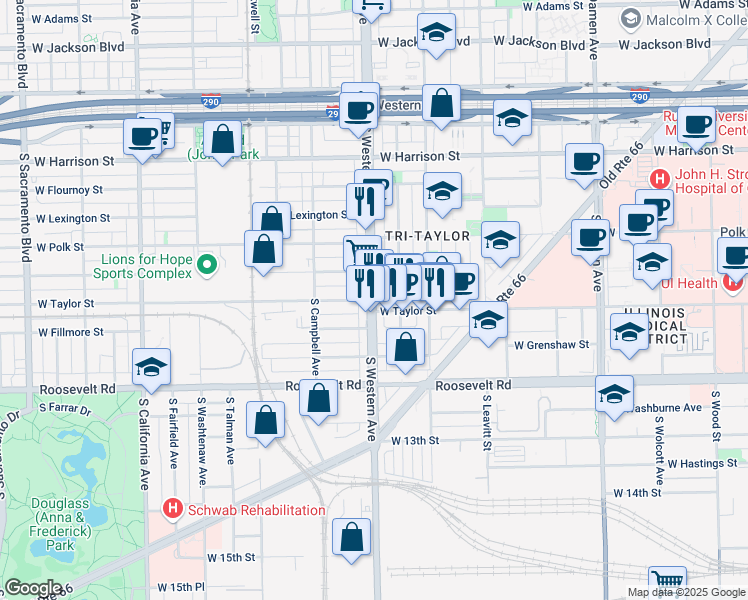 map of restaurants, bars, coffee shops, grocery stores, and more near West Taylor Street in Chicago