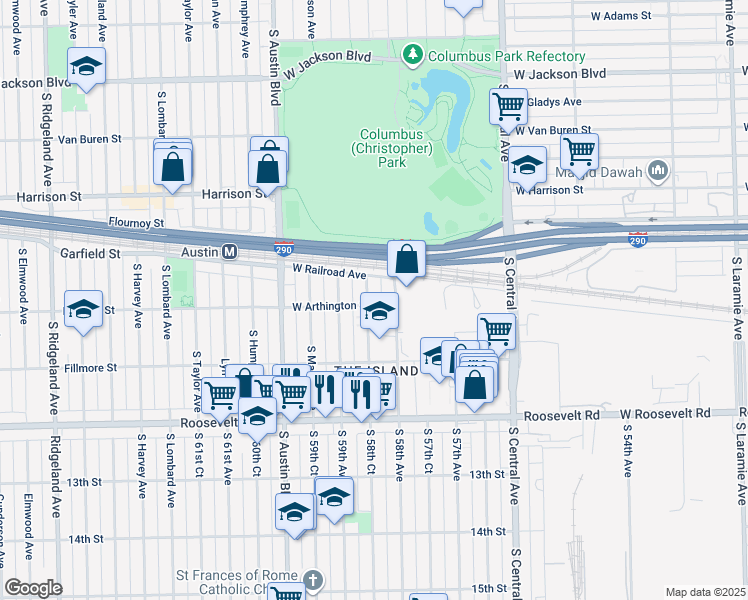 map of restaurants, bars, coffee shops, grocery stores, and more near 925 South Monitor Avenue in Chicago