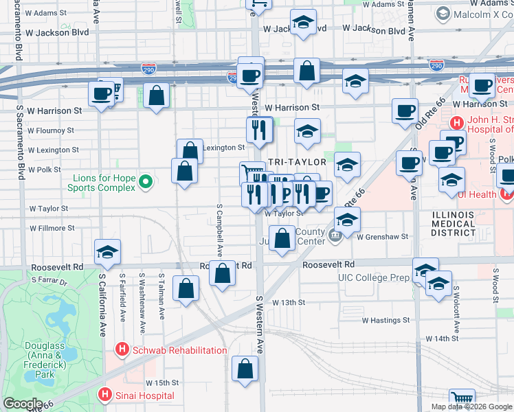 map of restaurants, bars, coffee shops, grocery stores, and more near 1000 South Western Avenue in Chicago