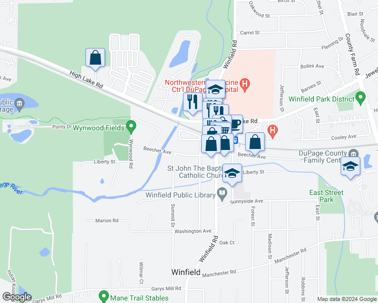 map of restaurants, bars, coffee shops, grocery stores, and more near 27W582 Beecher Avenue in Winfield