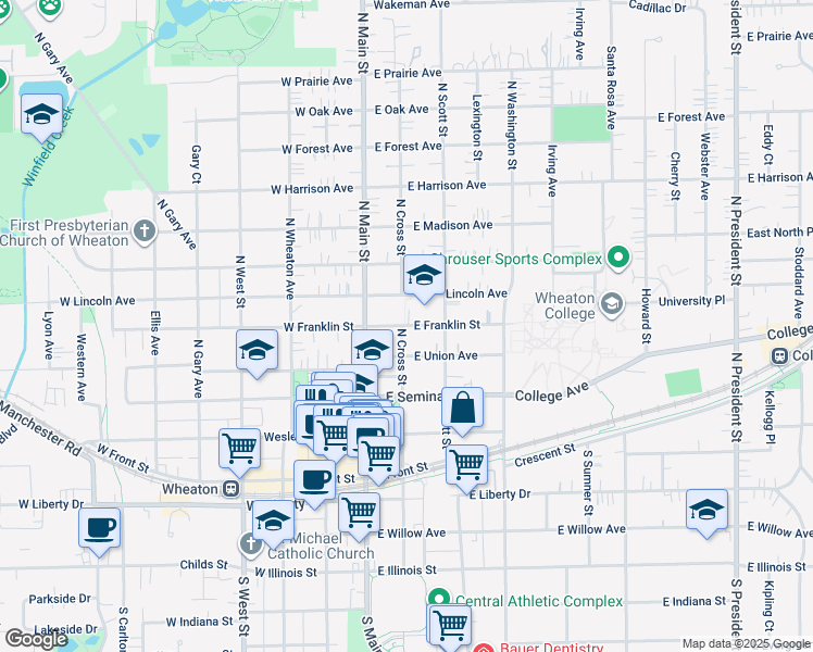 map of restaurants, bars, coffee shops, grocery stores, and more near 211 East Franklin Avenue in Wheaton