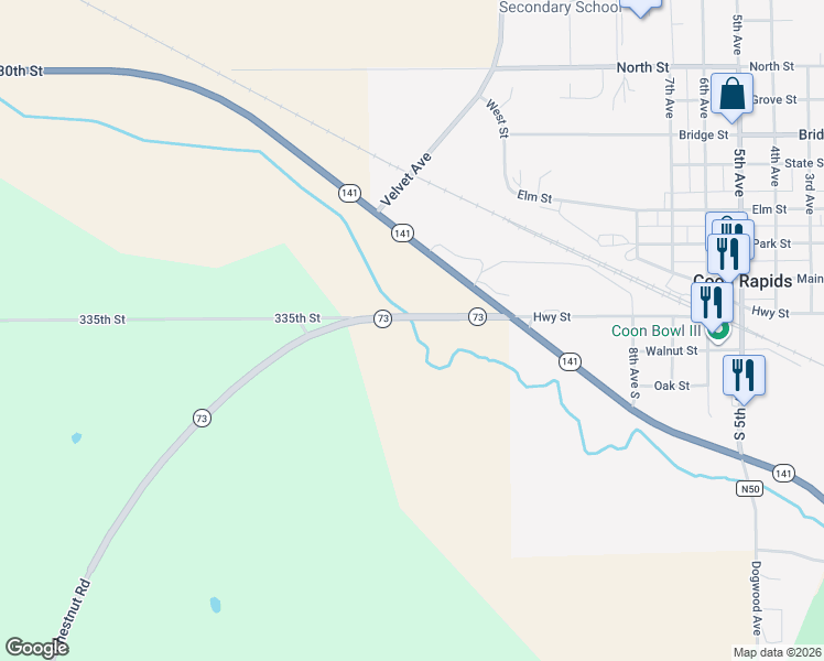 map of restaurants, bars, coffee shops, grocery stores, and more near 30794 Highway Street in Coon Rapids