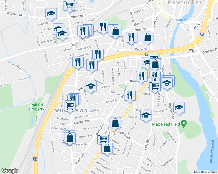 map of restaurants, bars, coffee shops, grocery stores, and more near 114 Knowles Street in Pawtucket