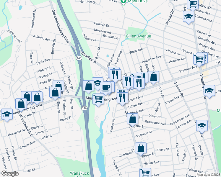 map of restaurants, bars, coffee shops, grocery stores, and more near 7 Remington Street in North Providence