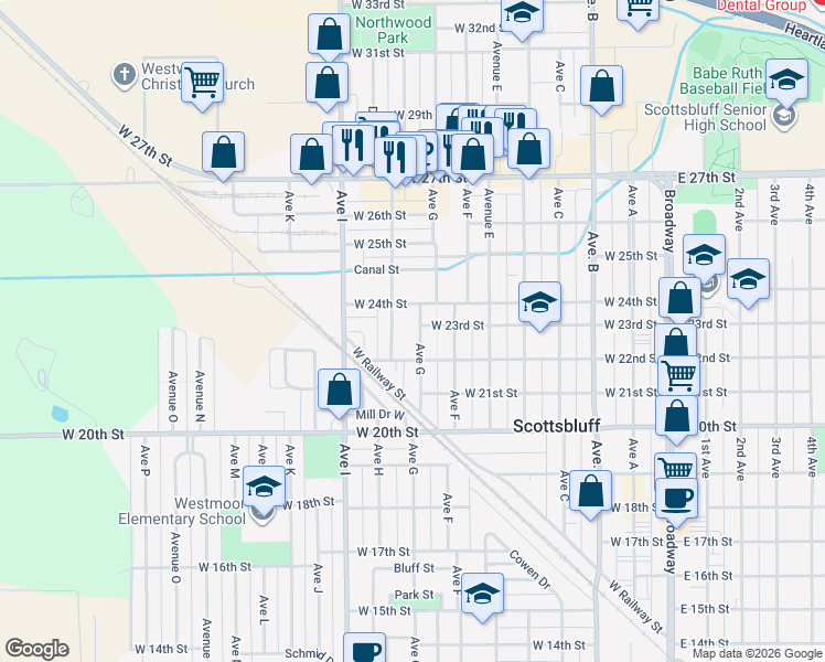 map of restaurants, bars, coffee shops, grocery stores, and more near 2222 Avenue G in Scottsbluff