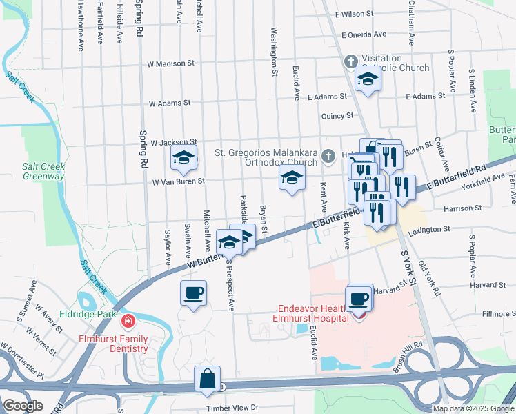 map of restaurants, bars, coffee shops, grocery stores, and more near 954 Bryan Street in Elmhurst