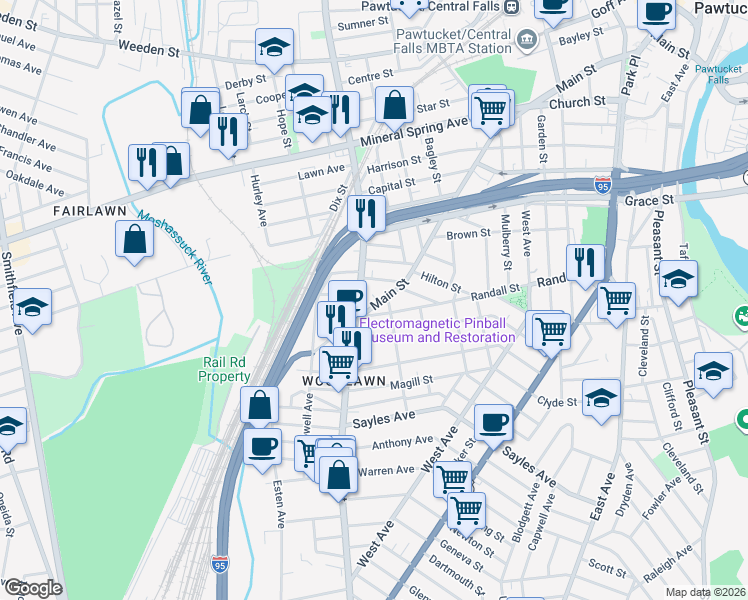 map of restaurants, bars, coffee shops, grocery stores, and more near 33 Lonsdale Avenue in Pawtucket