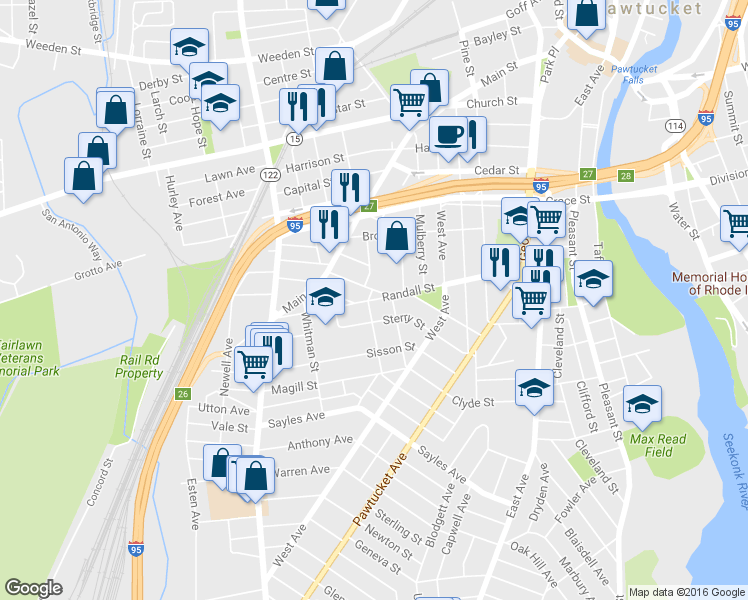 map of restaurants, bars, coffee shops, grocery stores, and more near 156 Randall St in Pawtucket