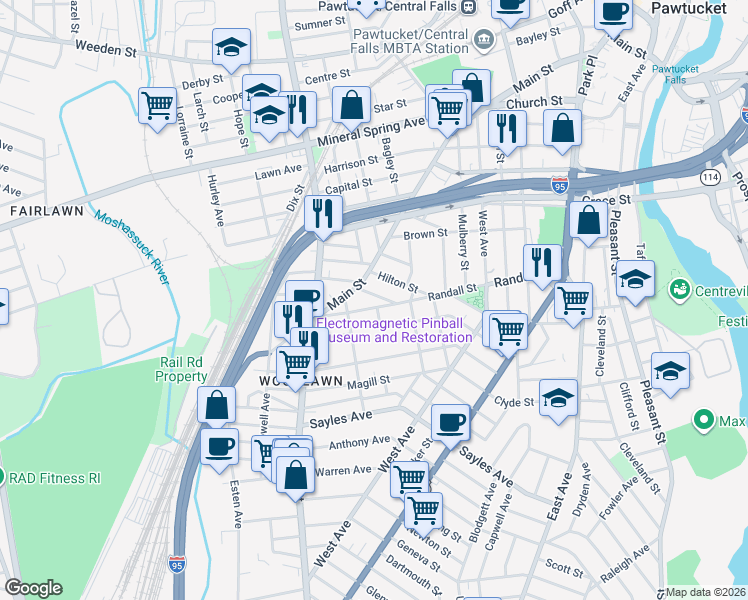 map of restaurants, bars, coffee shops, grocery stores, and more near 11 Mary Street in Pawtucket