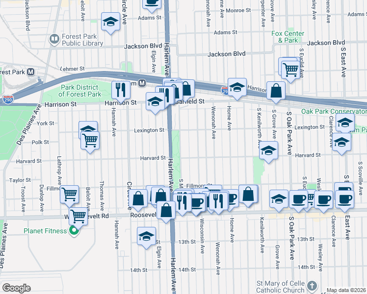 map of restaurants, bars, coffee shops, grocery stores, and more near 1032 South Maple Avenue in Oak Park