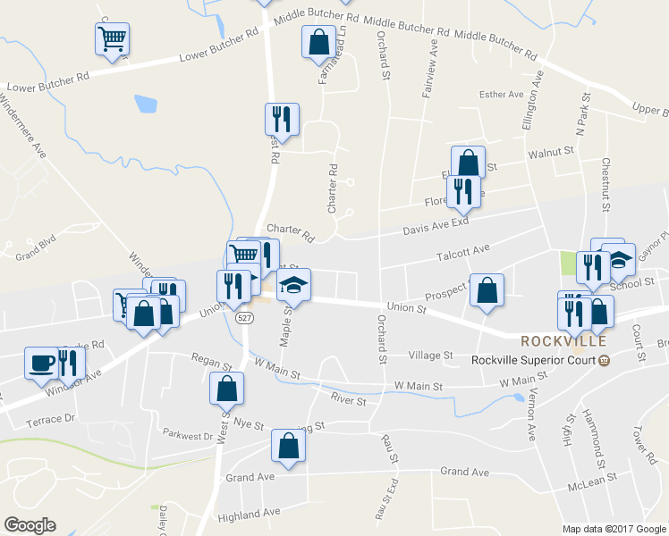 map of restaurants, bars, coffee shops, grocery stores, and more near 33 Grant Street in Vernon