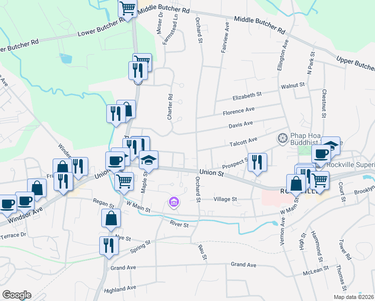 map of restaurants, bars, coffee shops, grocery stores, and more near 45 Grant Street in Vernon
