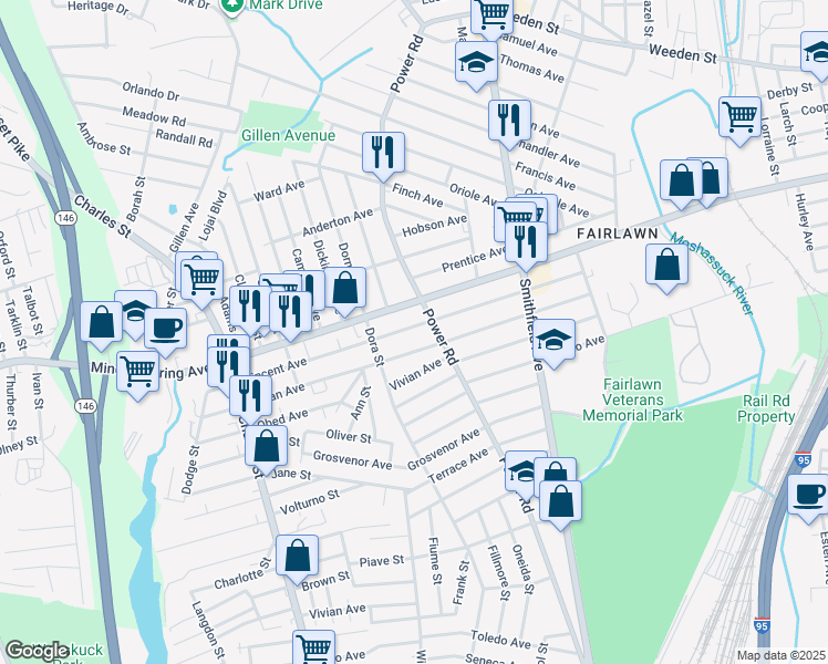 map of restaurants, bars, coffee shops, grocery stores, and more near 16 Vincent Avenue in Pawtucket