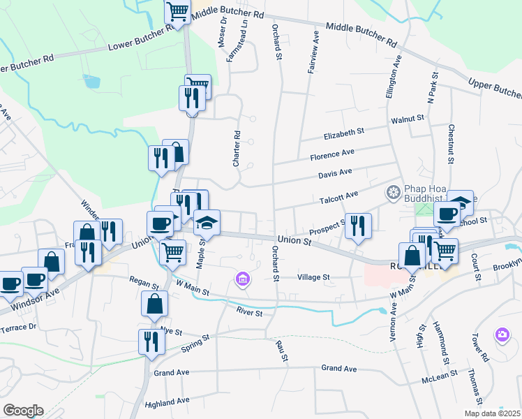 map of restaurants, bars, coffee shops, grocery stores, and more near 45 Grant Street in Vernon