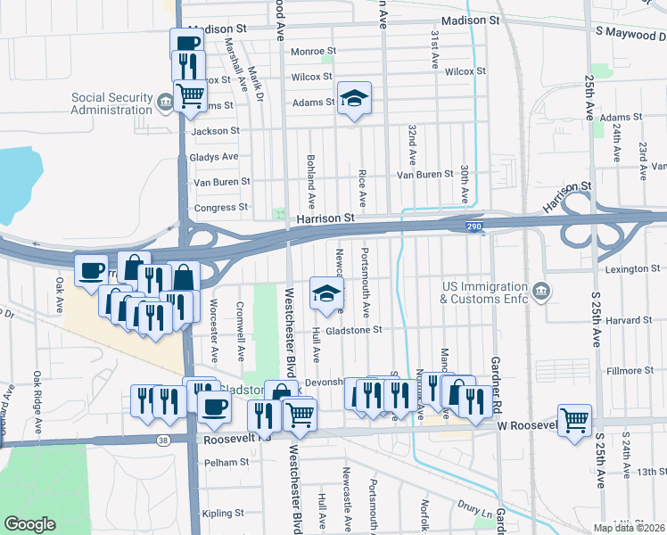 map of restaurants, bars, coffee shops, grocery stores, and more near 712 Newcastle Avenue in Westchester