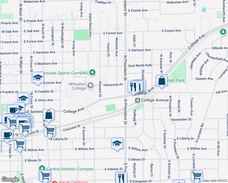 map of restaurants, bars, coffee shops, grocery stores, and more near 883 College Avenue in Wheaton