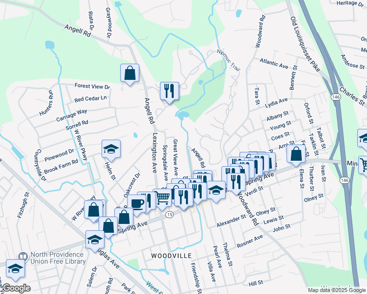 map of restaurants, bars, coffee shops, grocery stores, and more near 16 Evergreen Parkway in North Providence