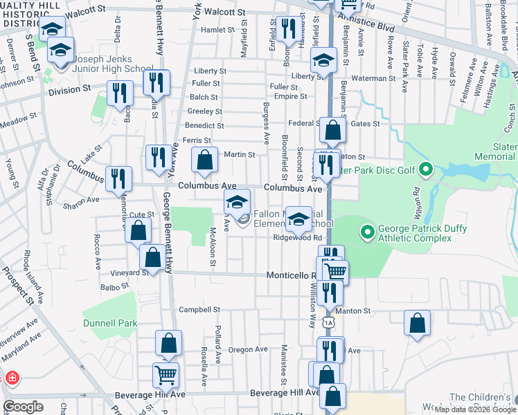 map of restaurants, bars, coffee shops, grocery stores, and more near 4 Catherine Street in Pawtucket