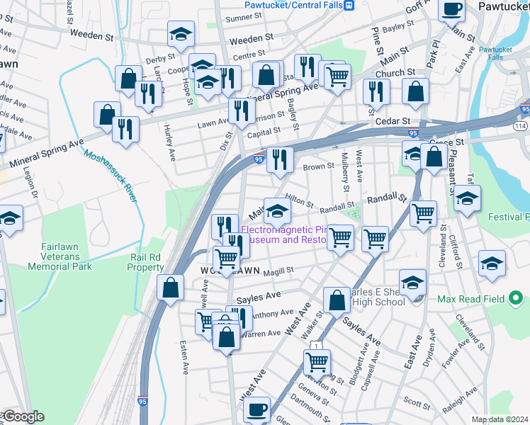 map of restaurants, bars, coffee shops, grocery stores, and more near 802 Main Street in Pawtucket