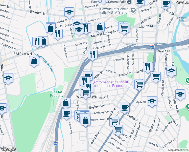 map of restaurants, bars, coffee shops, grocery stores, and more near 33 Lonsdale Avenue in Pawtucket