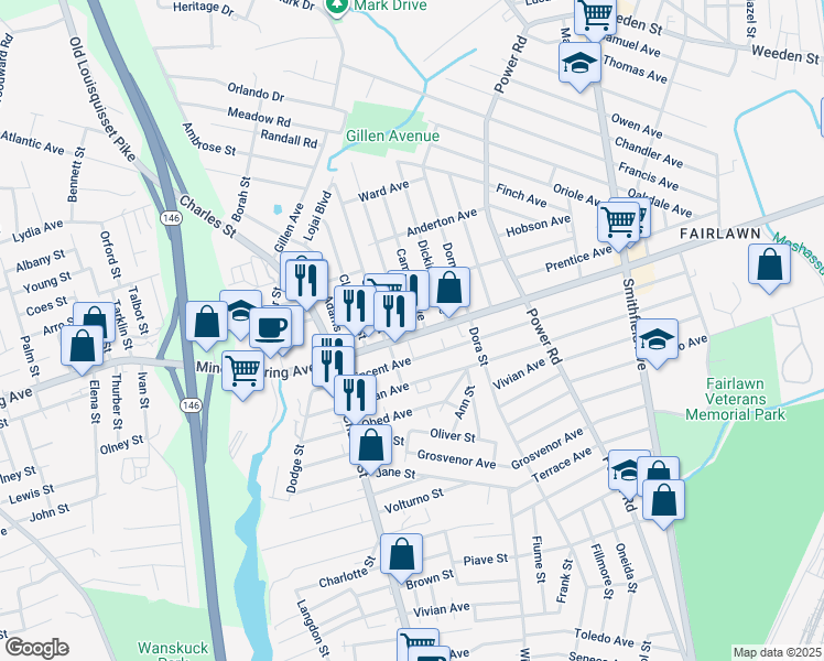 map of restaurants, bars, coffee shops, grocery stores, and more near 5 Baird Avenue in North Providence