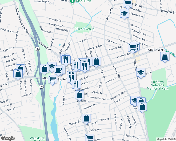 map of restaurants, bars, coffee shops, grocery stores, and more near 5 Baird Avenue in North Providence