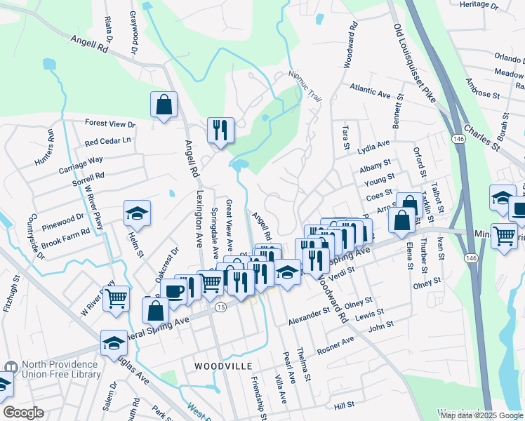 map of restaurants, bars, coffee shops, grocery stores, and more near 100 Nipmuc Trail in North Providence