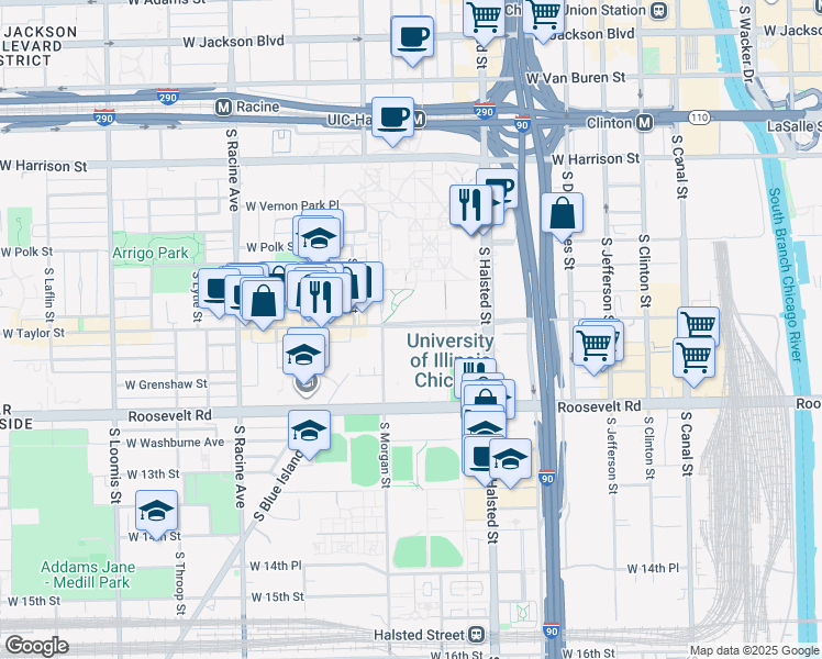 map of restaurants, bars, coffee shops, grocery stores, and more near 917 West Taylor Street in Chicago