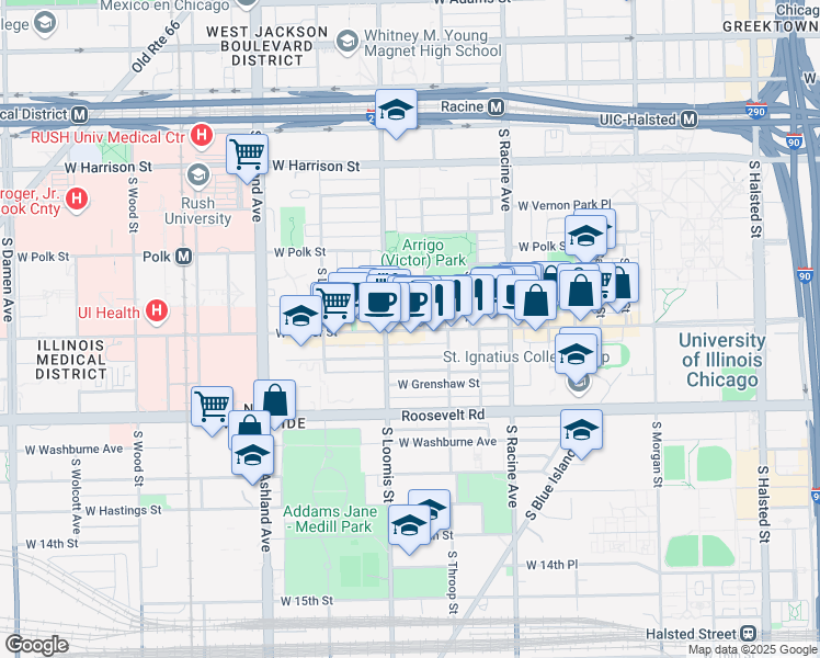 map of restaurants, bars, coffee shops, grocery stores, and more near 1322 West Taylor Street in Chicago