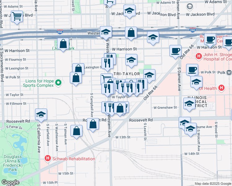 map of restaurants, bars, coffee shops, grocery stores, and more near 2343 West Taylor Street in Chicago