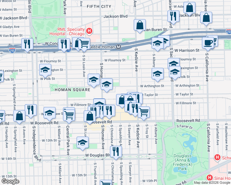 map of restaurants, bars, coffee shops, grocery stores, and more near 3333 West Arthington Street in Chicago