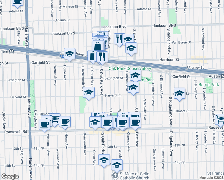 map of restaurants, bars, coffee shops, grocery stores, and more near 1034 South Euclid Avenue in Oak Park