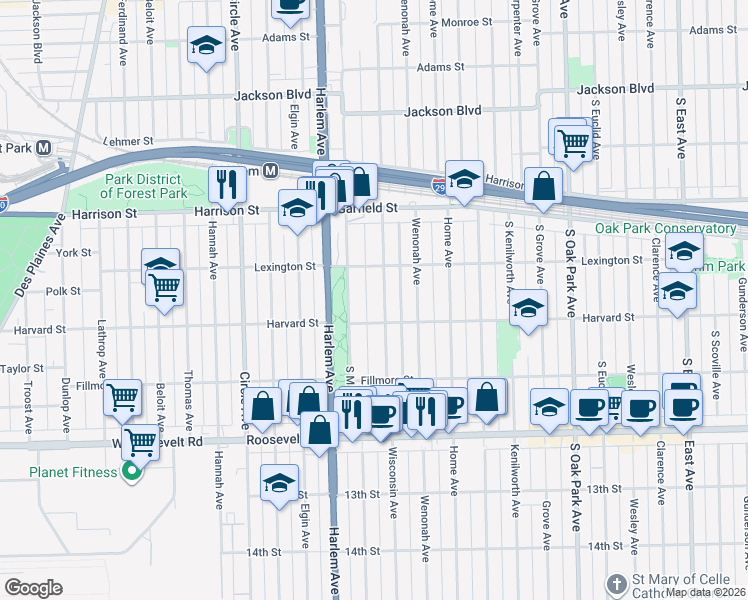 map of restaurants, bars, coffee shops, grocery stores, and more near 1025 Wisconsin Avenue in Oak Park