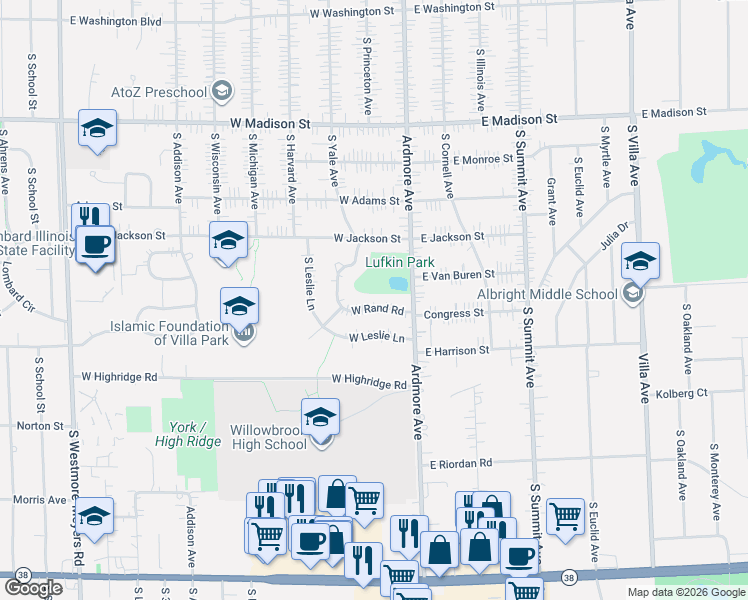 map of restaurants, bars, coffee shops, grocery stores, and more near 20 West Rand Road in Villa Park
