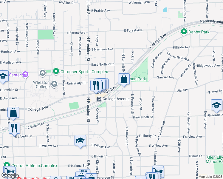 map of restaurants, bars, coffee shops, grocery stores, and more near 405 Stoddard Avenue in Wheaton