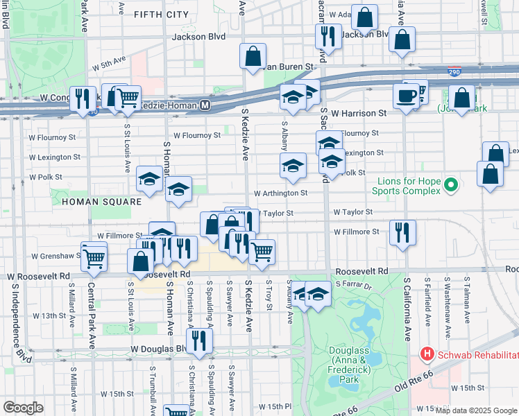 map of restaurants, bars, coffee shops, grocery stores, and more near 3142 W Taylor St in Chicago