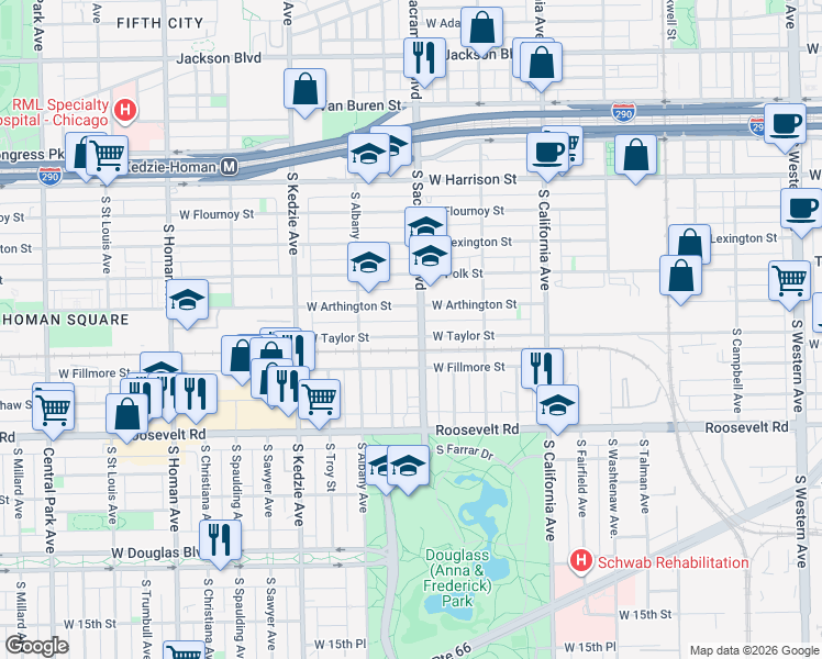 map of restaurants, bars, coffee shops, grocery stores, and more near 3006 West Taylor Street in Chicago