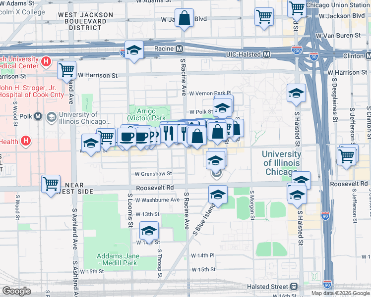 map of restaurants, bars, coffee shops, grocery stores, and more near S Racine Ave & W Taylor St in Chicago