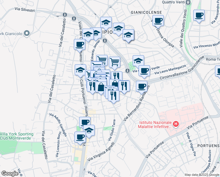map of restaurants, bars, coffee shops, grocery stores, and more near 6 Via Francesco Datini in Rome