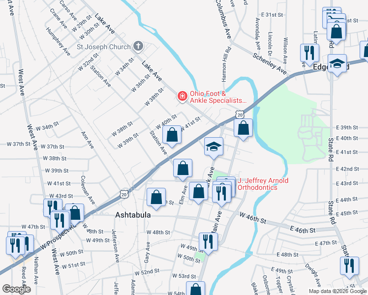 map of restaurants, bars, coffee shops, grocery stores, and more near 443 West Prospect Road in Ashtabula