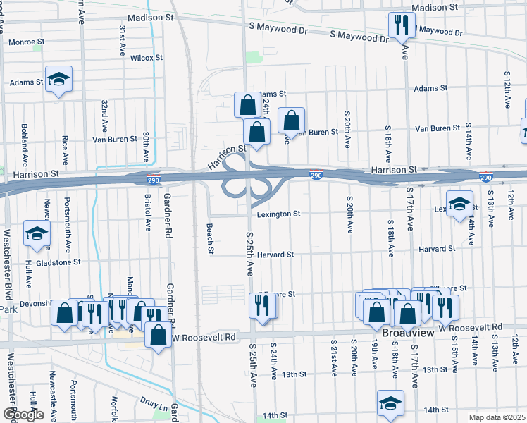 map of restaurants, bars, coffee shops, grocery stores, and more near 2415 Lexington Street in Maywood