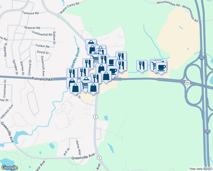 map of restaurants, bars, coffee shops, grocery stores, and more near 400 Putnam Pike in Smithfield