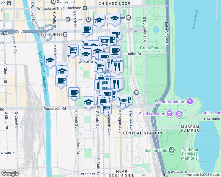 map of restaurants, bars, coffee shops, grocery stores, and more near 58 East 11th Street in Chicago