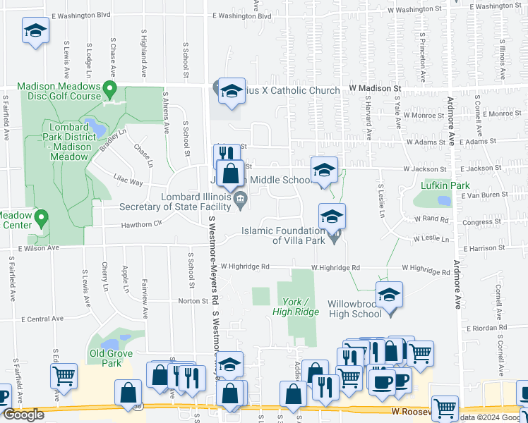 map of restaurants, bars, coffee shops, grocery stores, and more near 1110 East Wilson Avenue in Lombard