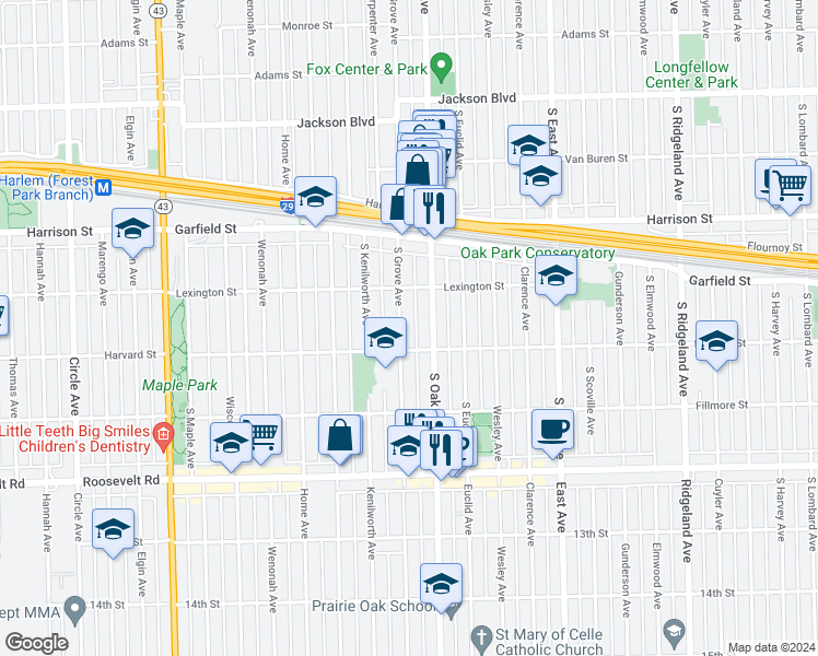 map of restaurants, bars, coffee shops, grocery stores, and more near 1030 South Grove Avenue in Oak Park
