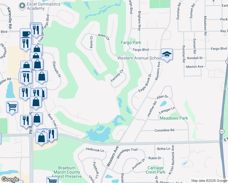 map of restaurants, bars, coffee shops, grocery stores, and more near 429 Fairway Lane in Sycamore