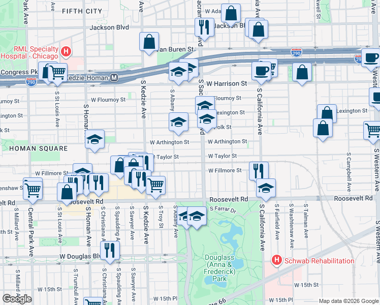 map of restaurants, bars, coffee shops, grocery stores, and more near 3026 W Taylor St in Chicago