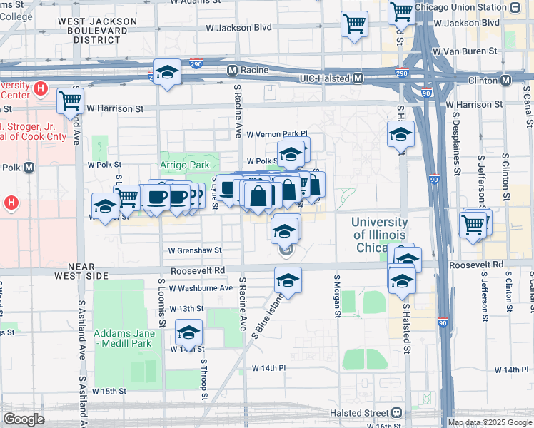 map of restaurants, bars, coffee shops, grocery stores, and more near South May Street & West Taylor Street in Chicago