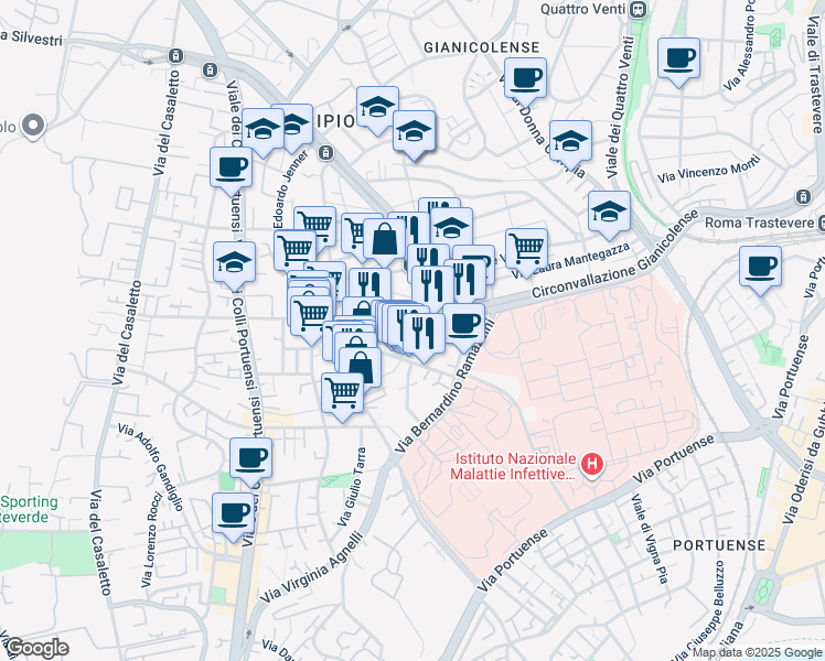 map of restaurants, bars, coffee shops, grocery stores, and more near 14 Via Pietro D'Assisi in Roma